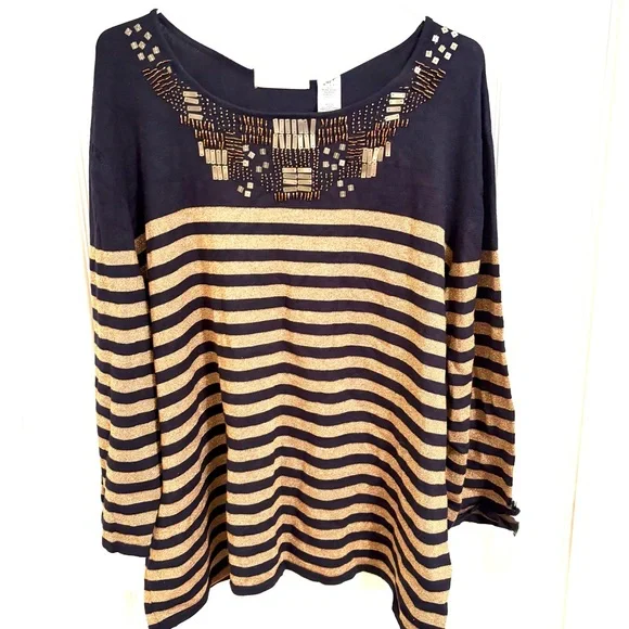 Alfred Dunner Black and Gold Striped Long Sleeve Top - Picture 1 of 2